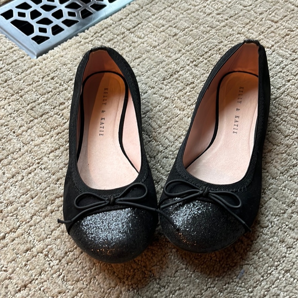 Girls black bow flats with sparkle toe